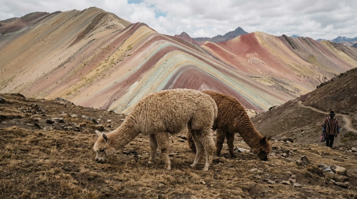 Alpacas grazing below the striped slopes at the viewpoint on a rainbow mountain peru tour near Cusco