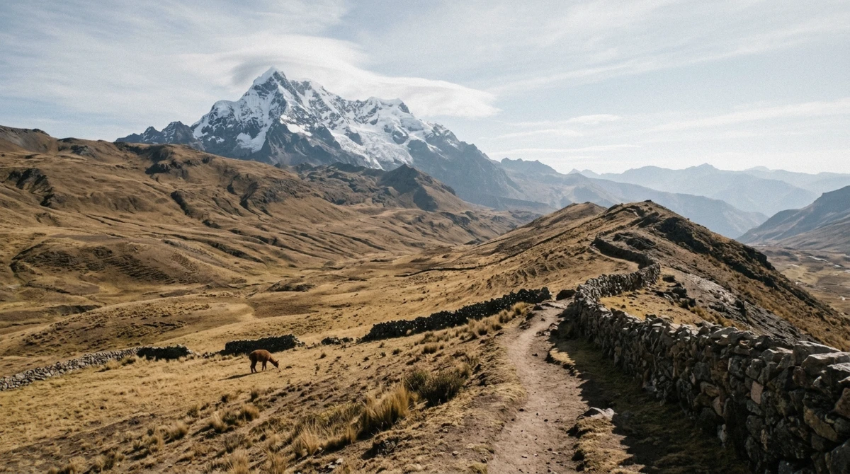 Snow-capped Ausangate rising behind the ridge trail on a rainbow mountain peru tour in the Vilcanota range near Cusco