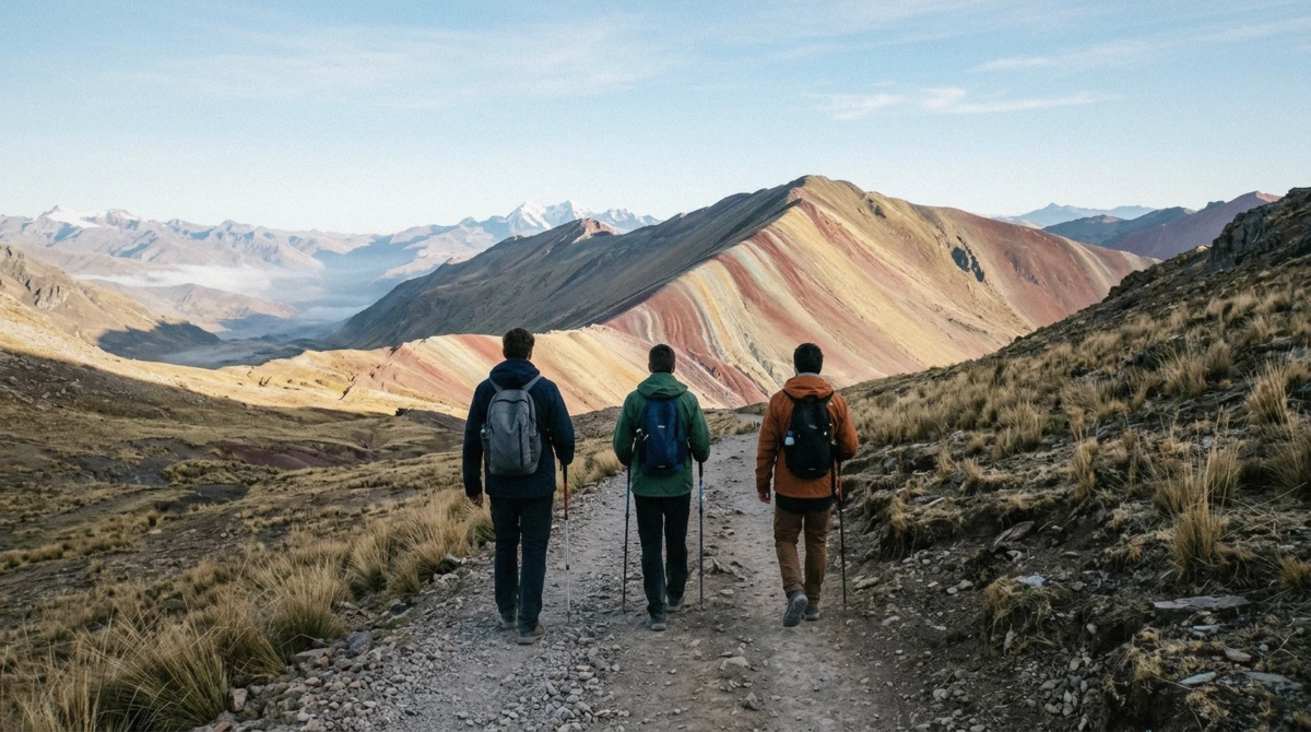 Line of hikers walking the gravel trail toward the striped ridge at dawn on a rainbow mountain peru tour from Cusco