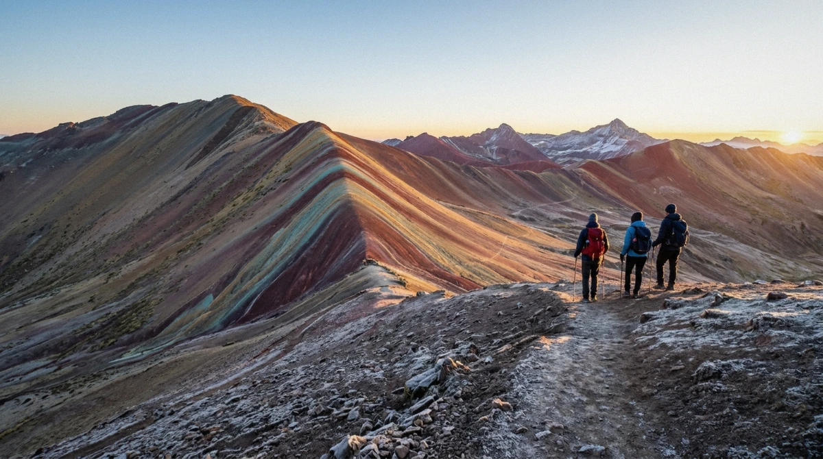 Hikers reaching the empty Vinicunca ridge at sunrise, the early way to see rainbow mountain without crowds from Cusco