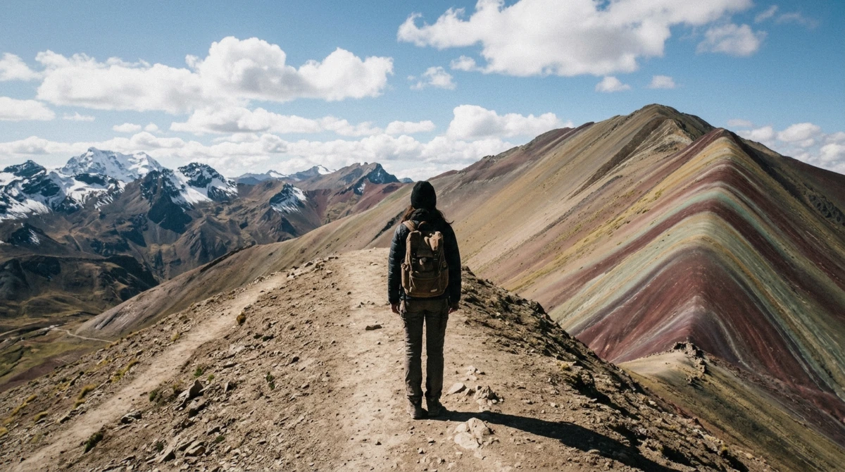 A single hiker alone on the striped Vinicunca ridge in the afternoon, seeing rainbow mountain without crowds near Cusco