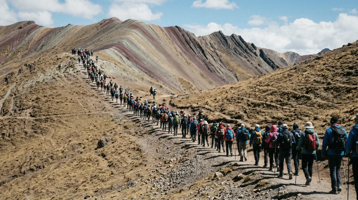 Long line of hikers on the narrow trail below the ridge at mid-morning, the crowds that a rainbow mountain without crowds strategy avoids