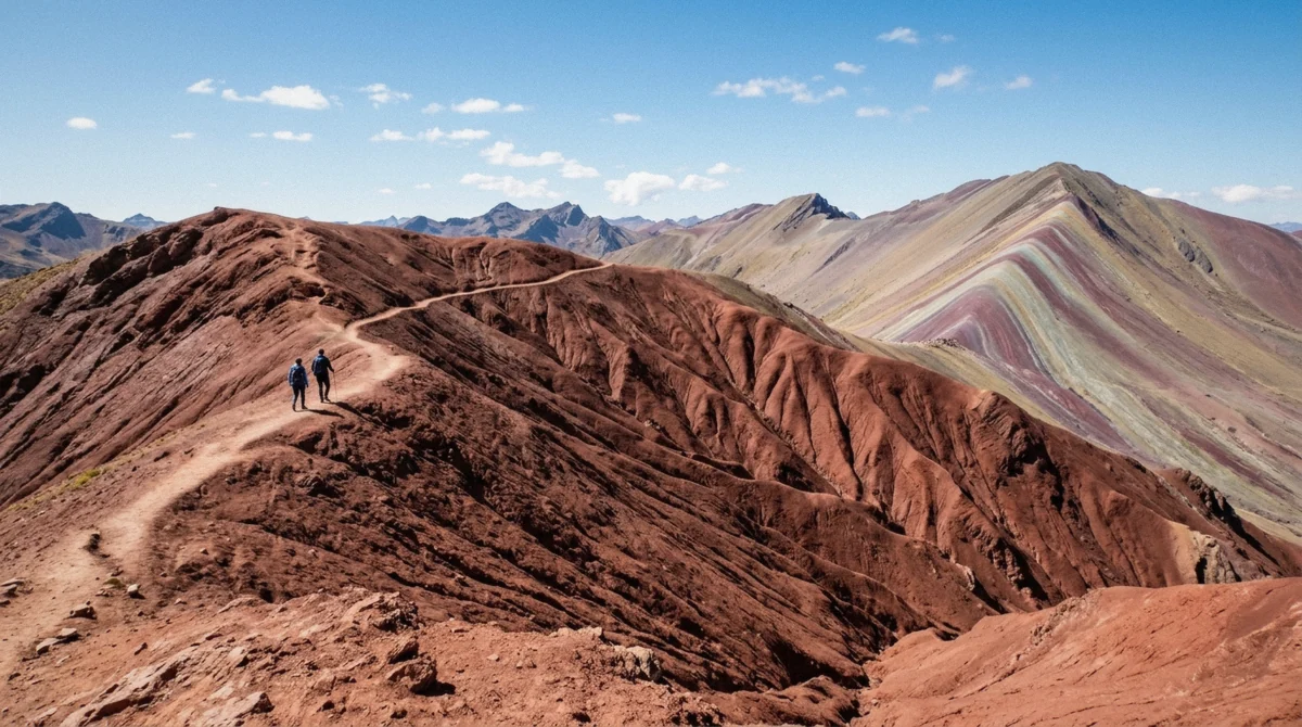 Crimson slopes of the Red Valley beside the striped Vinicunca ridge on a rainbow mountain and red valley tour from Cusco