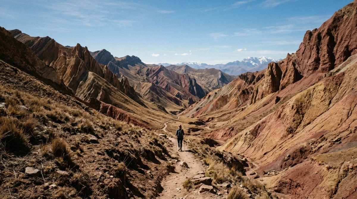 Footpath descending through the rust-red slopes of the Red Valley on a rainbow mountain and red valley tour near Pitumarca