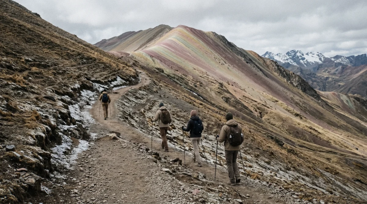 Trekkers with walking poles on the trail below Vinicunca during a rainbow mountain peru tour departing Cusco at dawn