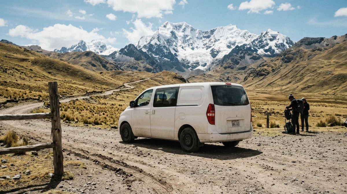 Van on the dirt road to the Vinicunca trailhead with snow-capped Ausangate behind on a rainbow mountain peru tour from Cusco