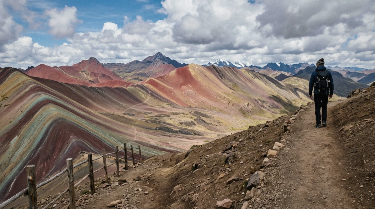 Nearly empty Vinicunca viewpoint in the early afternoon on a late-departure rainbow mountain peru tour in Cusco